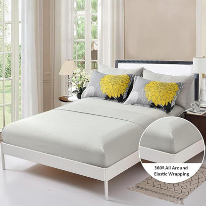 Yiran 7 Pieces Bed in a Bag Yellow Floral Comforter Set Flowers Comforter Sets Soft Microfiber Bedding Set Queen Size (1 Comforter 1 Flat Sheet 1 Fitted Sheet 2 Pillowshams 2 Pillowcases)