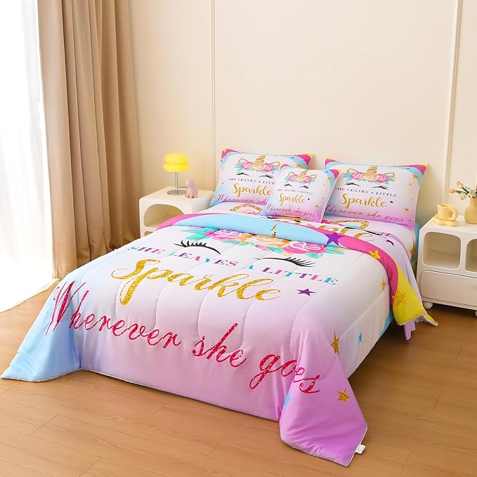 6 Pieces Unicorn Comforter Sets,3D Pink Blue Unicorn Flower Pattern,Decorative 6 Piece Bedding Sets with Comforter,Flat Sheet,Fitted Sheet,Throw Pillow Cover,Pillow Shams,Queen Size