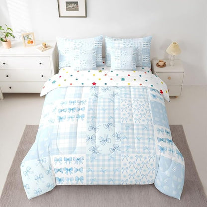 Feelyou Blue Bow King Comforter Set with Sheets for Kids Boys Girls Cute Bowknot 7 Pieces Bedding Set Princess Bow Bed in a Bag Kawaii Room Decor Soft Lightweight Microfiber