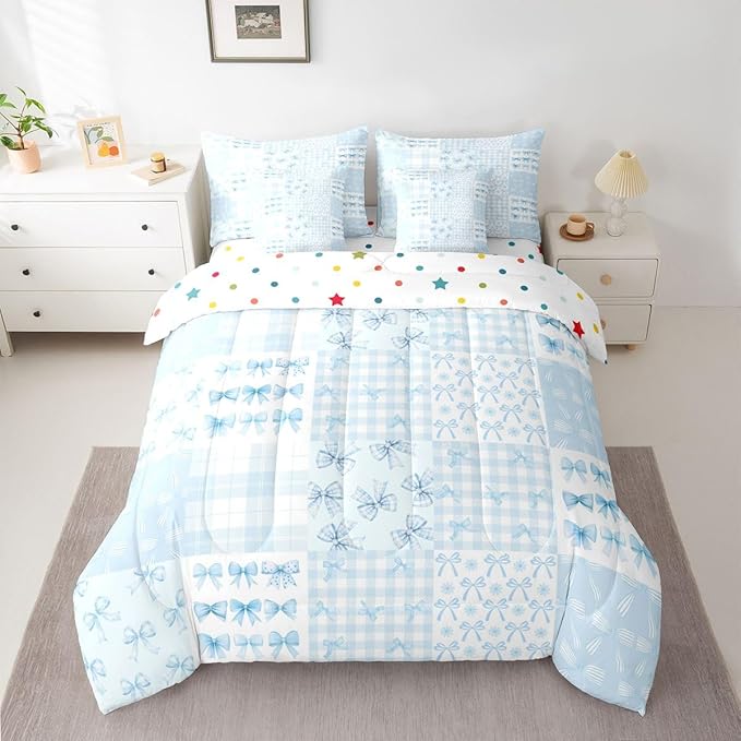 Feelyou Blue Bow Full Comforter Set with Sheets for Kids Boys Girls Cute Bowknot 7 Pieces Bedding Set Princess Bow Bed in a Bag Kawaii Room Decor Soft Lightweight Microfiber