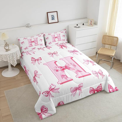 Erosebridal Pink Kawaii Letter Bowknot Bedding Set Twin,Cute Initial Letter H Comforter Set Dreamy Princess Bow Bedding Comforter Sets Romantic Chic Bowknot Bed Set for Kids Girls Teen