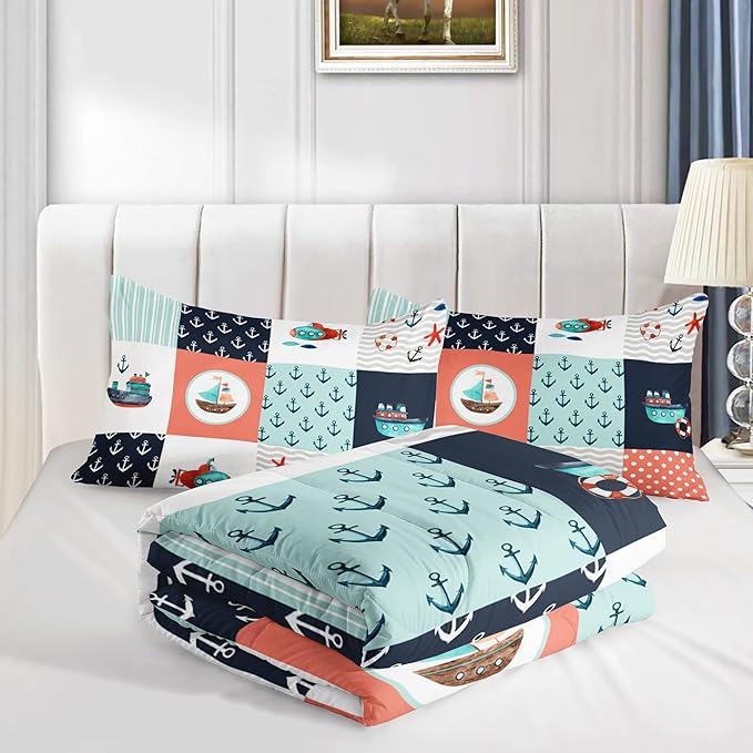 HOSIMA Nautical Bedding Set,Plaid Patchwork Pattern Hand Painted Seaplane,Boat and Anchor Comforter for Boys Kids Girls Bedroom Decor,Sea Adventure Theme Twin Comforter with 2 Pillowcases.