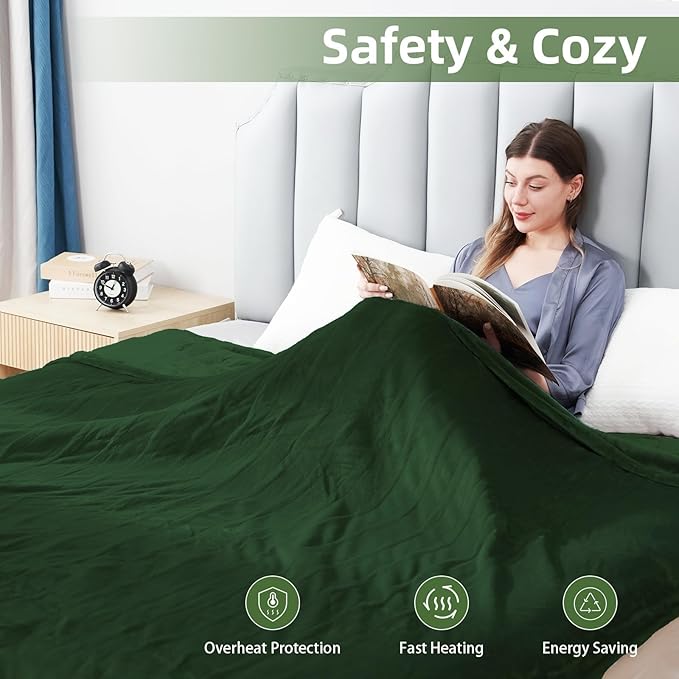 Electric Heated Blanket Twin Size 62"x84", Fast Heating Throw, Soft Plush Microplush for Bed & Couch, 10 Hours Auto Off & 5 Heating Levels, Machine Washable, Gifts for Grandma & Family-Green