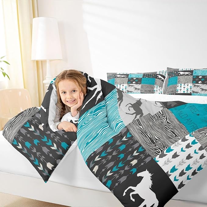 Horse Comforter Set King Size Patchwork Teal Unicorn Bedding Set For Kids Boys Girls Black Gray Wild Horses Wood Grain Down Comforter Geometric Lattice Arrow Grid Animal Room Decor Duvet Set