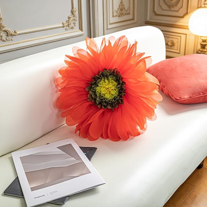 Hand-Stitched Round Decorative Flower Pillow Vibrant Orange 3D Sunflower Velvet Throw Pillow Cute Soft Floral Accent Cushion Boho Farmhouse Home Decor for Couch Bed Living Room Bedroom 14Inch