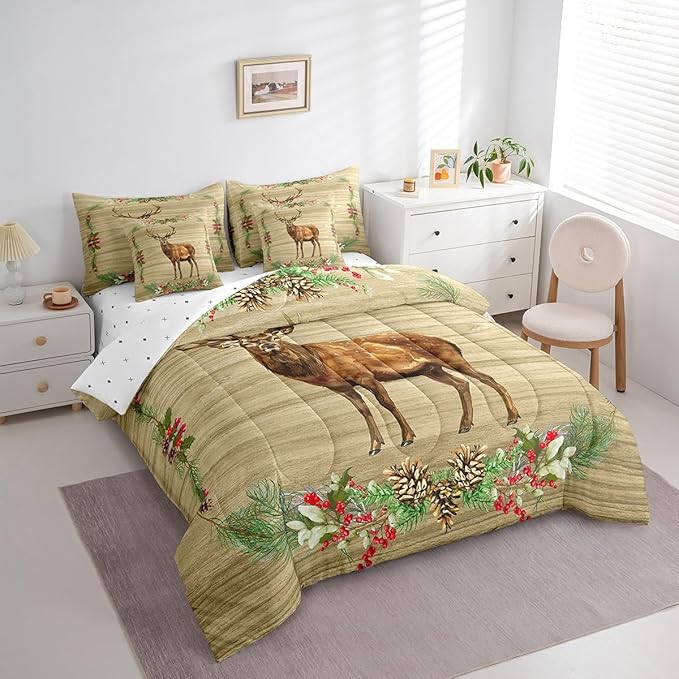 Erosebridal Elk Deer Comforter Set 7 Piece Bed in a Bag Twin,Woodland Animals Bedding Sets Botanical Pinecone Sheet Set with Comforter