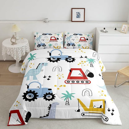 jejeloiu Kids Cartoon Dinosaur Bedding Set Toddle Size Cartoon Car Comforter Set for Boys Girls Construction Excavator Duvet Set Jungle Dino Quilt Set 2Pcs
