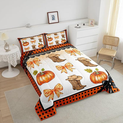 Erosebridal Western Cowgirl Comforter Set King,Cowboy Boots Hat Bedding Set Orange Plaid Bowknots Bedding Comforter Sets for Kids Boys Girls Bedroom Decor,Pumpkin Fall Harvest Quilt Duvet 3 Pcs
