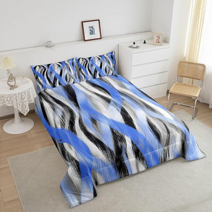 Erosebridal Geometric Stripes Comforter King Modern Abstract Comforter Set Grey Black Blue Bedding Set for Kids Boys Girls Teen Swirl Lines Quilt Duvet Room Decor 3 Pcs
