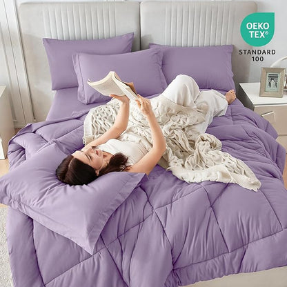 Sasttie California King Comforter Set, 7 Pieces Cal King Bed in a Bag, Complete Bedding Set Includes Comforter, Flat Sheet, Fitted Sheet, Pillowcases and Pillow Shams, Violet
