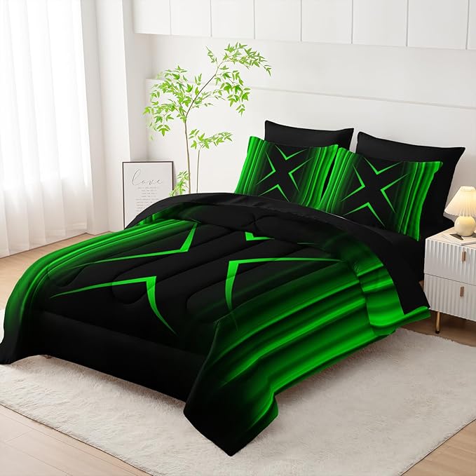 Black and Green Geometric Comforter Set Full Size 7Pieces,3D Abstract Mordern Printed Bedding Set for Adults,Geometric Mordern Decor All Seasons with Pillowcases,Flat, Fitted Sheet