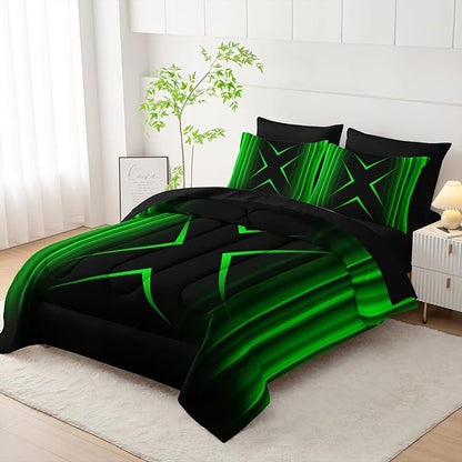 Black and Green Geometric Comforter Set Queen Size 7Pieces,3D Abstract Mordern Printed Bedding Set for Adults,Geometric Mordern Decor All Seasons with Pillowcases,Flat, Fitted Sheet