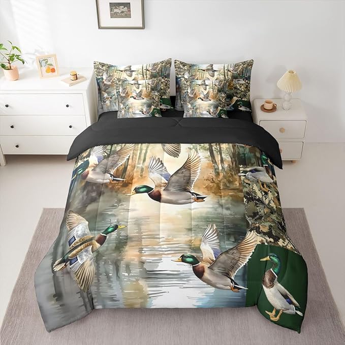 Lake Cabin Bed in a Bag King Size Comforter Set 7 Pieces,Mallard Duck Bedding Sets Mens Country Tree Branch Camouflage Comforter and Sheet Set, Woodland Animals Hunting Bed Sets,Rustic Farmhouse Decor