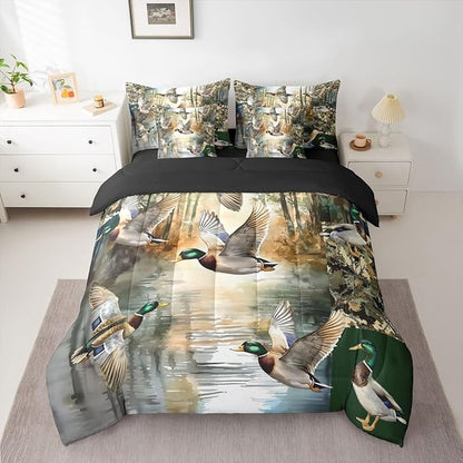 Lake Cabin Bed in a Bag King Size Comforter Set 7 Pieces,Mallard Duck Bedding Sets Mens Country Tree Branch Camouflage Comforter and Sheet Set, Woodland Animals Hunting Bed Sets,Rustic Farmhouse Decor