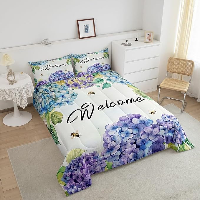 Erosebridal Girls Hydrangea Comforter Set Full Purple Teal Blue Flowers Bedding Set Farmhouse Floral Bedding Comforter Sets for Kids Adults Women Spring Garden Nature Botanical Quilt Duvet