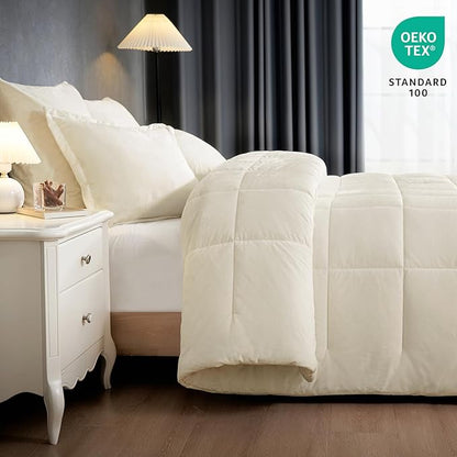 PHF Double-Sided Velvet Comforter Set Queen Size, 5 Piece Soft Luxury Winter Warm Bedding Sets, Modern Bed in A Bag Including 1 Cozy Comforter, 2 Pillow Shams, 2 Euro Shams for Home Decor, Cream
