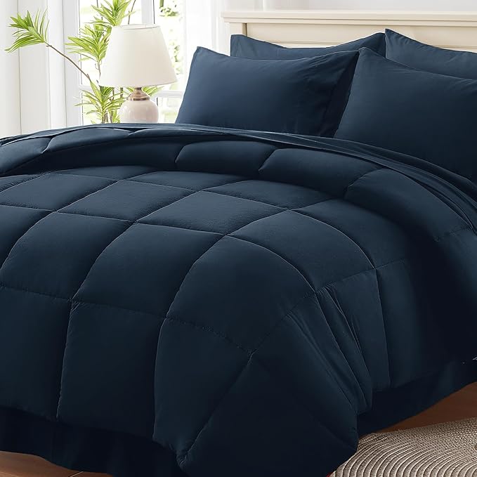 Anluoer California King Size Bed in a Bag 7 Pieces,Navy Blue Cal King Comforter Set with Sheets,All Season Bedding Sets with Comforter,Pillow Shams,Pillowcases,Flat Sheet,Fitted Sheet