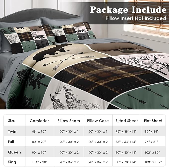 Comforter Set Twin Size, Wildlife Hunting Deer 5 Pcs Bedding for Kids and Adults, Vintage Winter Animal Bear Plaid Bed Sheet Sets with Fitted Sheet Pillowcase & Sham for Bedroom Bed Decor
