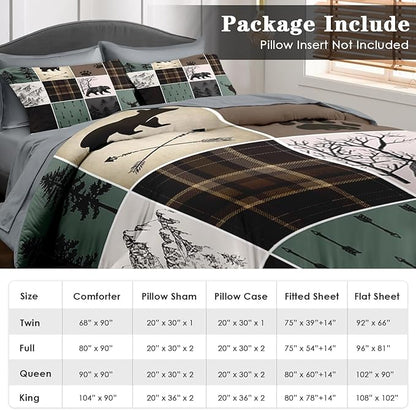 7 Pcs Comforter Set Full Size, Wildlife Hunting Deer Bedding Set for Kids and Adults, Vintage Winter Animal Bear Plaid Bed Sheet Sets with Fitted Sheet 2 Pillowcases & 2 Shams