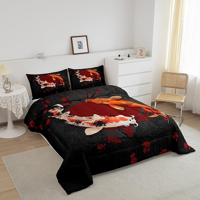 Koi Fish Kids Comforter Set King Size,Marine Animals Cherry Blossom Branch Romantic Bedding Set,Girls Boys Adults Xmas Decor,Japanese Ukiyo-e Down Comforter,Red Black Duvet Insert,2 Pillowcases