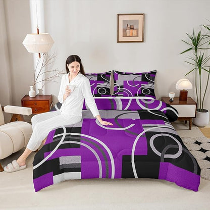 Abstract Stripes Swirls Comforter Set Modern Purple White Quilt Set Geometric Circles Lines Bedding Set Chic Black Grey Duvet Insert Graphic Simple Style Soft Microfiber Bedding Comforter Sets King