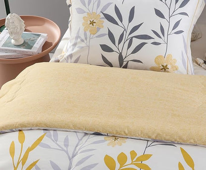 SLEEPBELLA Comforter Twin Size, 600 Thread Count Cotton Grey Branch with Yellow Flower & Grey Leaves Pattern Orange Reversible Comforter Set,Down Alternative Bedding Set 2Pcs(Twin, Yellow Botanical)