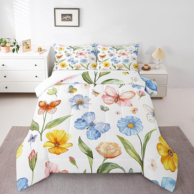 Manfei Botanical Comforter Set King Size, Watercolor Flower Butterfly Quilt Set with 2 Pillowcases, Plants Floral Bedding Set 3pcs for Kids Boys Girls Room Decor Lightweight Duvet Insert