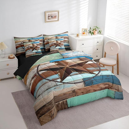 Erosebridal Texas Star 7 Piece Comforter Set Full Bed in A Bag Retro Western Bedding Set for Kids Boys Girls Southwest Wooden Board Quilt Country Cabin Lodge Decor Sheet Set with Comforter