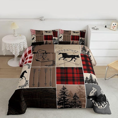 Erosebridal Rustic Patchwork Comforter King, Retro Horse Bedding Set for Kids Teens Adult Checkered Buffalo Plaid Comforter Set Southwestern Riding Boots Horseshoe Duvet Insert Farmhouse Decorations