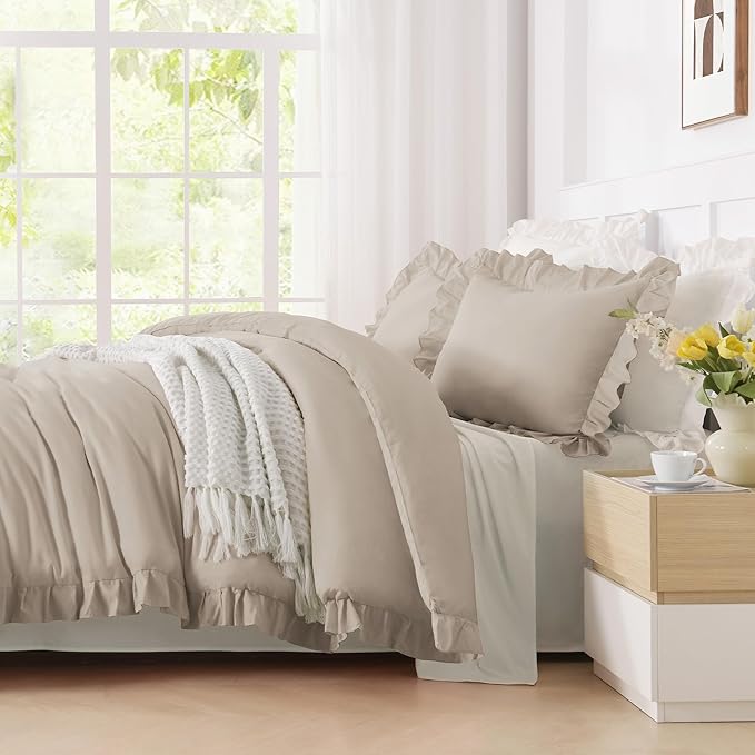Andency Wheat Ruffle Comforter Queen(90x90Inch), 3 Pieces(1 Ruffled Comforter and 2 Pillowcases) Vintage Fringe Bed Set, Farmhouse Rustic Microfiber Down Alternative Bedding Set