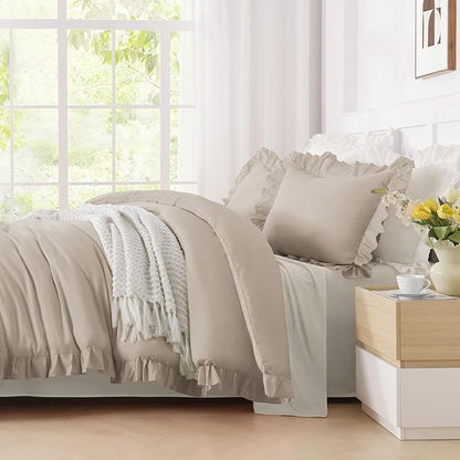 Andency Wheat Ruffle Comforter Queen(90x90Inch), 3 Pieces(1 Ruffled Comforter and 2 Pillowcases) Vintage Fringe Bed Set, Farmhouse Rustic Microfiber Down Alternative Bedding Set