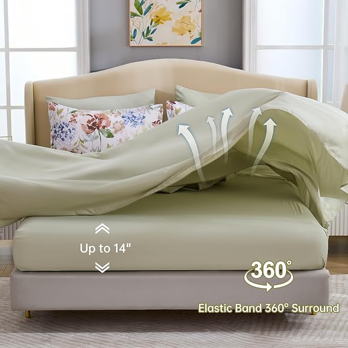 Luxudecor Floral Comforter Set Queen Size 7 Pieces Bed in a Bag, Green Flower Watercolor Bed Set, Soft Comforter with Sheet Set 90"x90"