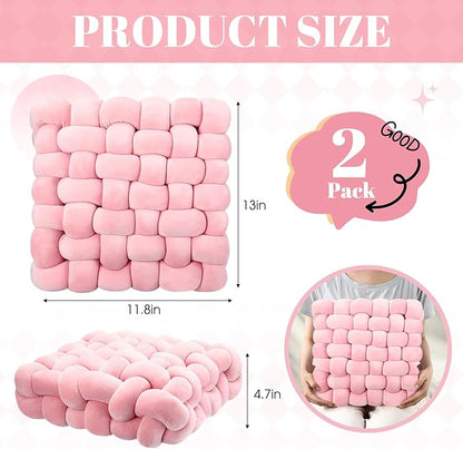Wenqik 2 Pcs Knot Pillows Square Knotted Plush Throws Soft Accent Pillows Decoration Cushion for Couch Home Office Living Room Bedroom Bed Sofa Decor, 12'' x 13''(Pink,Crystal Velvet)