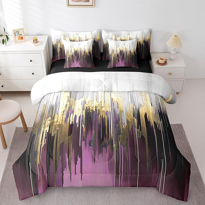 Purple Gradient Bedding Comforter Sets 7pcs Oil Painting Stripe Bed in a Bag, Brush Marks Contemporary Ombre Queen Bedding Sets Watercolor Graffiti Comforter Set, Aesthetic Modern Bedding Sets