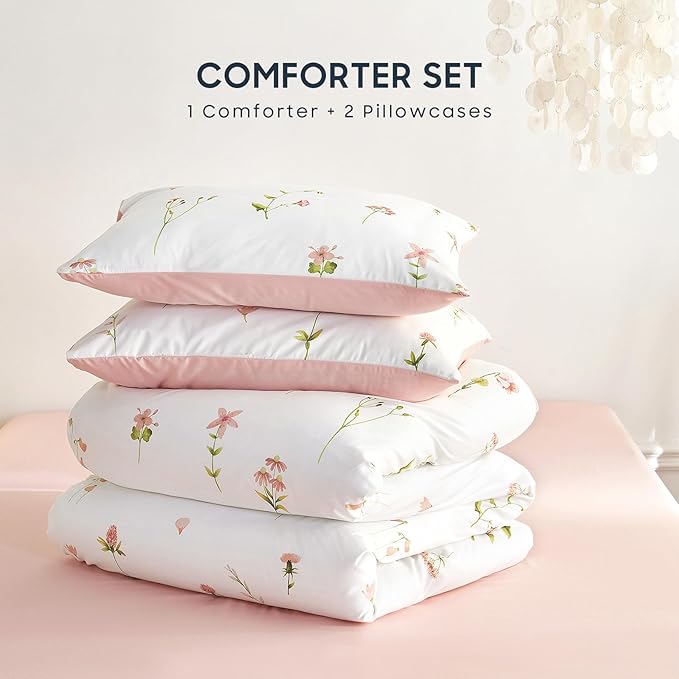 Wake In Cloud - Floral Comforter Set, Cottagecore Cute Aesthetic Watercolor Tiny Flowers and Leaves, Soft Lightweight Bedding for Women Teen Girls, 3 Pieces, Pink, Queen Size