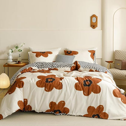 Wellboo Boho Floral Comforter Sets King Pumpkin Sunflower Bedding Set Cotton Women Girls White and Pumpkin Botanical Bed Brown Floral Quilts Large Flower Plant Blankets Watercolor Flower Bohemian Bed