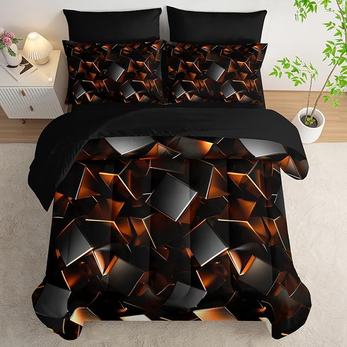 Black and Yellow Geometric Comforter Set Twin Size 7PCS,Abstract Triangular Printed Bedding Set for Adults,Geometric Mordern Art Decor All Seasons with Pillowcases,Flat, Fitted Sheet