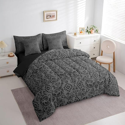 Comforter Set Queen Size, Black Damask Aztec 7 Pcs Bedding for Kids and Adults, Baroque Western Boho Gothic Floral Bed Sheet Sets with Fitted Sheet 2 Pillowcases & 2 Shams for Bedroom Bed Decor