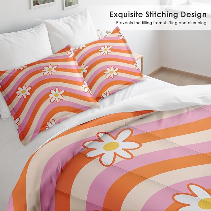 Comforter Set Full Size, Daisy Retro Orange Soft 3 Pcs Bedding for Kids and Adults, Pink Hippie Aesthetic Comforter Set with 2 Pillowcases, for Bedroom Bed Decor