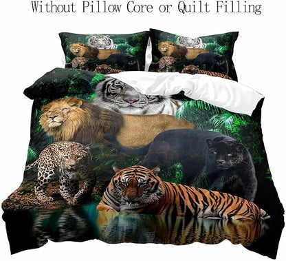 LUVIVIHOME 3PCS Leopard Cheetah Black Panther White Tiger Lion Duvet Cover Full Bedding Set, Men Kids Teen Boys Bedding, Tropical Jungle Safari Animals Comforter Bedspread Quilt Cover, 2 Pillow Shams