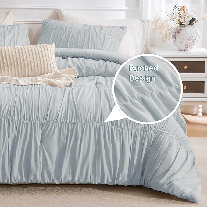 Masaca King Comforter Set(106"x95"),Cornflower Blue Ruched Cal King Bedding Comforter 3 Pieces Lightweight Ultra Soft Vintage Modern Shabby Boho Chic Bedding for All Season