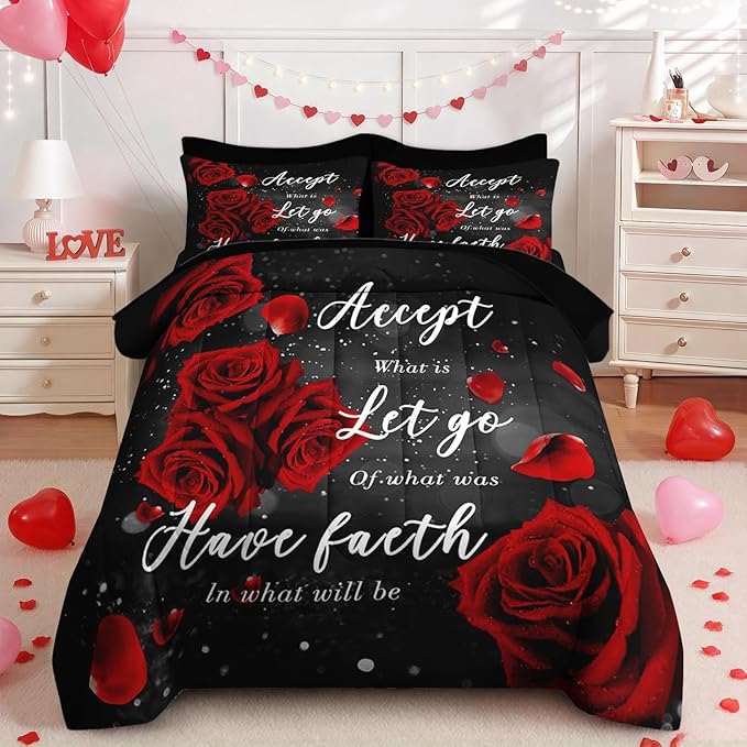 Nesker 7 Pcs Valentine's Day Comforter Set Queen Size, Romantic Red Rose Bedding Set for Kids and Adults, Happy Sweet Love Sheets Bed Sheet Sets with Fitted Sheet 2 Pillowcases & 2 Shams