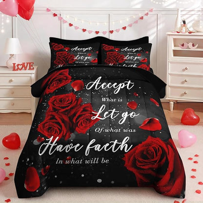 Nesker 7 Pcs Valentine's Day Comforter Set Queen Size, Romantic Red Rose Bedding Set for Kids and Adults, Happy Sweet Love Sheets Bed Sheet Sets with Fitted Sheet 2 Pillowcases & 2 Shams