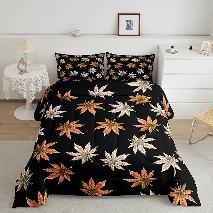 Erosebridal Orange Leaves Comforter Set Full, Leaves Bedding for Kids Teens Adult,Tropical Botanical Down Comforter,Exotic Plant Bedding Comforter Sets,Soft Cozy