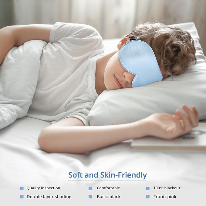 Kids Sleep Mask Eye Cover, 100% Real Natural Pure Silk Eye Mask with Adjustable Strap, Blindfold Kids Eye Mask for Sleeping, Eye Shade for Boys Girls and Adult, Pressure-Free Comfort (Blue)