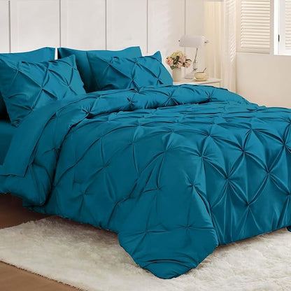 JOLLYVOGUE Queen Comforter Set 7 Pieces - Bed in a Bag Queen for All Season, Pintuck Bedding Comforter Sets with Comforter, Flat Sheet, Fitted Sheet and Pillowcases & Shams, Teal