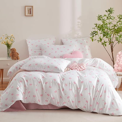 Nayoroom Pink Bow Comforter Set Twin Size Heart Bowknot Printed Cute Comforter 2 Pieces Soft Lightweight Kids Girls Dorm Bedding Set for All Seasons