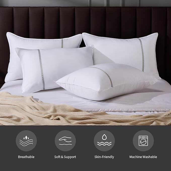 Bed Pillows Queen Size Set of 4, Firm Hotel Pillows for Sleeping, Cooling Pillows for Side & Back Sleepers, Down Alternative Filling, 20 x 28 Inches