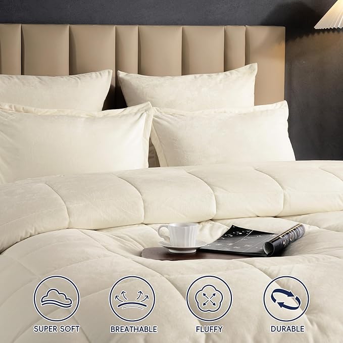PHF Double-Sided Velvet Comforter Set Queen Size, 5 Piece Soft Luxury Winter Warm Bedding Sets, Modern Bed in A Bag Including 1 Cozy Comforter, 2 Pillow Shams, 2 Euro Shams for Home Decor, Cream