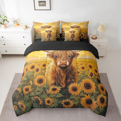 Erosebridal 7Pcs Highland Cow Decor Queen Comforter Set Sunflower Cow Print Bedding Rustic Animal Farmhouse Theme Comforter + Flat Sheet + Fitted Sheet + 2 Pillowcases + 2 Throw Pillow Covers